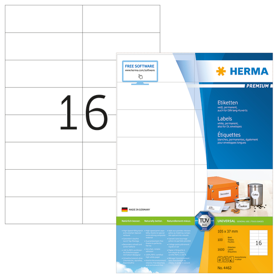 Herma #4462 Premium 標籤 A4, 105 x 37 mm, 16格